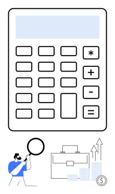 Büyük hesap makinesi, büyüteç, evrak çantası, yukarı doğru oklu çubuk grafik ve madeni büyümeyi simgeleyen madeni paralar. Finans, iş stratejisi, yatırım ve muhasebe için ideal