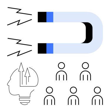 Güç hatları olan mıknatıs, oklu bir ampul başı ve beş kişilik figürler çekiyor. Liderlik, yenilik, ilham, takım çalışması, büyüme, iletişim ve topluluk için ideal. Satır metaforu