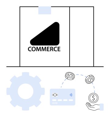 Credit card with NFC signal, coins, gear, and hand depicting mobile payment. Ideal for e-commerce, finance, online shopping, digital transactions fintech banking. Line metaphor clipart