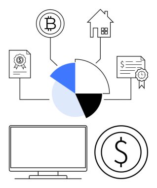 Kripto para birimi, gayrimenkul ve belgelerle bağlantılı finansal pasta grafiği. Bölümlerde Bitcoin, ev, sertifikalar, dolar ve bilgisayar yer alıyor. Yatırım gayrimenkul için ideal