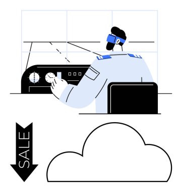 Üniformalı pilot bir uçak kokpiti çalıştırıyor. Aşağıda, SALE etiketli aşağı doğru bir ok bir bulut sembolünü işaret ediyor. Havacılık, seyahat, indirimler, terfiler, pilotlar için ideal.