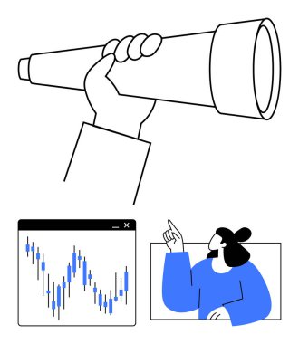 Teleskop tutan biri, değişen verileri olan bir mali grafik, yukarı bakan mavi giyen biri. Planlama, öngörü, borsa analizi, liderlik, karar verme, strateji için ideal