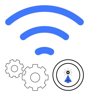 iki dişli kablosuz sinyal ve bir göz ve üçgen içeren bir daire. Teknoloji, bağlantı, izleme, mühendislik, otomasyon, ağ altyapısı ve süreç yönetimi için ideal