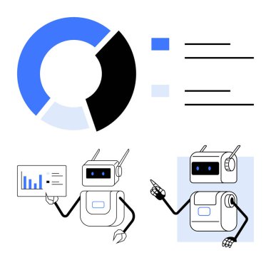 Pasta grafiği, iki robot verileri grafik ve bilgi grafikleriyle sunuyor. Veri analizleri, teknolojik yenilikler, yapay zeka, robotik, makine eğitimi, dijital dönüşüm için ideal