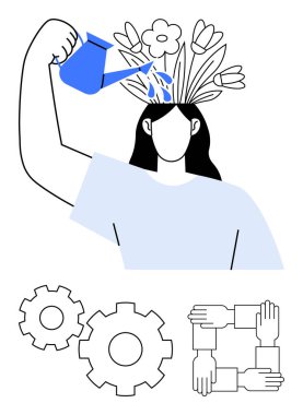 Kadın, kafasından büyüyen çiçekleri sulayarak, çoklu görev yapan elleri temsil eden, işbirliğini gösteren kendiliğinden gelişen dişlileri sembolize ediyor. Akıl sağlığı, farkındalık ve takım çalışması için ideal.