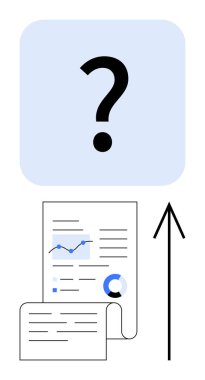 Belgelerin üzerinde büyümeyi gösteren oklar ve çizelgeler olan soru işareti. İş analizi, veri araştırması, büyüme stratejisi, performans değerlendirmesi, rapor oluşturma, karar verme, ilerleme için ideal