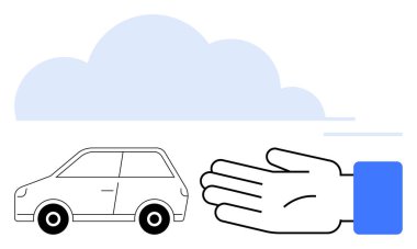 Araba koruyucu bir el ve mavi bir bulut altında. Otomotiv güvenliği, araba sigortası, ulaşım, yol güvenliği, koruma, güvenlik ve bakım için ideal. Satır metaforu