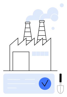 İki bacası tüten fabrika, mavi işaretli uyum listesi ve kürek. Endüstriyel süreçler, çevre sorunları, uyum, üretim, inşaat, kalite