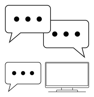 Elipsli konuşma baloncukları ve bilgisayar monitörü. Dijital iletişim için ideal, sosyal medya, çevrimiçi sohbet, sanal toplantılar, mesajlaşma uygulamaları, teknik destek, müşteri hizmetleri. Satır metaforu