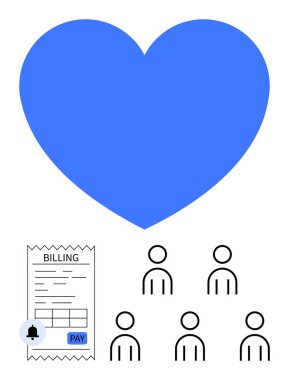 Blue heart above billing invoice with payment button five stick figures, notification symbol. Ideal for finance, community, healthcare, charity, relationships, teamwork, reminders. Line metaphor clipart