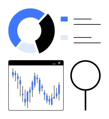 İş analizi düzeneğinde turta grafiği, bar grafiği ve çizgi grafiği. Veri kontrolü için büyüteçle birlikte. Veri analizi, iş raporlama, mali tahmin, piyasa araştırması için ideal