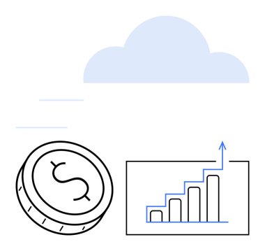 Bulutların altında yükselen bir bar grafiğine doğru para yuvarlanıyor. Finans, teknoloji, bulut hesaplama, yatırım, iş büyümesi, ekonomik eğilimler ve tahminler için idealdir. Satır metaforu