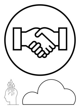 Tokalaşma, büyük bulut, yukarı bakan oklarla profil başı. İş anlaşmaları, takım çalışması, ağ oluşturma, işbirliği, büyüme çözümleri için ideal. Satır metaforu