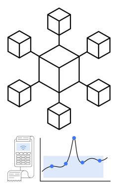 Ağ makbuzu ve veri tablosuna bağlı küpler. Engelleme zinciri, güvenlik, finans, teknoloji, veri, yenilik ve analiz için ideal. Bağlılık ve büyüme için satır metaforu