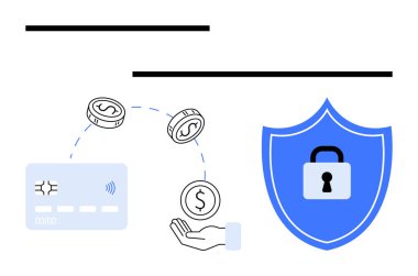 Temassız özellikli kredi kartı, el yakalama paraları ve kilit sembollü kalkan. Finansal işlemler, ödeme güvenliği, finans teknolojisi, çevrimiçi bankacılık, siber koruma için ideal