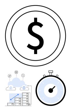 Veritabanı ve kronometresi olan bir daire bulut deposunda dolar sembolü. Finans, bulut hesaplama, zaman yönetimi, verimlilik, verimlilik, iş, teknoloji için ideal. Satır metaforu