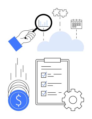 El ele tutuşan büyüteç, bulmaca parçalarını ve takvimi birbirine bağlıyor. Bozuk paralar, kontrol listesi, vites simgesi. İş stratejisi, proje yönetimi ve finans için ideal