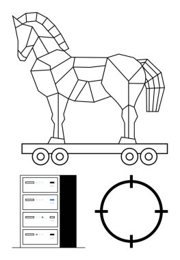Geometrik Truva Atı, bir sunucu rafı ve hedef kiti. Teknoloji, siber güvenlik, kötü amaçlı yazılım, veri koruması, dijital tehditleri hackleyen bilişim altyapısı için ideal. Satır metaforu