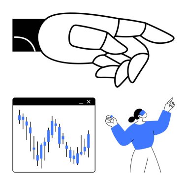 El işaretleme hareketi, bilgisayar ekranında grafik, grafiğe doğru hareket eden VR kulaklık takan biri. Teknoloji, veri analizi, borsa, sanal gerçeklik, eğitim, sunumlar için ideal