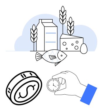 El ele tutuşan saat, dolar bozuk para, balık, süt kutusu, peynir dilimi, tahıl sapı, yumurta. Ekonomi için ideal zaman yönetimi bütçesinin gıda üretim tarım sürdürülebilirliğini finanse etmesi. Çizgi