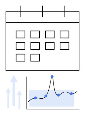İşaretleyici oklu ızgara veri grafiği ile takvim. Zamanlama, planlama, analiz, verimlilik, hedef izleme, tahmin, zaman yönetimi için ideal. Satır metaforu