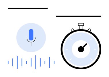 Mavi daire ses dalgası içinde mikrofon, saati gösteren iğneyle kronometre. Ses kaydı, ses kontrolü, podcastlar, konuşma tanıma, zaman yönetimi, hassasiyet, teknoloji için ideal