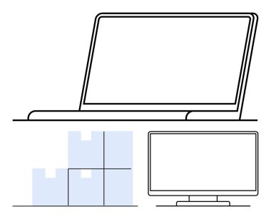 Laptop and desktop monitor outlined, adjacent to blue stacked package boxes. Ideal for tech services, logistics, e-commerce, business operations, warehouse management, remote work, communication clipart