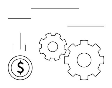 Dolar işaretli sikke, birbirine kenetlenmiş iki dişlinin yanına düşüp para ve makine arasındaki ilişkiyi sembolize ediyor. Finans, ekonomi, iş, otomasyon, yatırımlar ve bankacılık için ideal