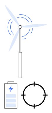 Rüzgar türbini güç üretiyor, bataryayı mavi yıldırımla şarj ediyor, siyah hedef simgesi. Sürdürülebilirlik, temiz enerji, yenilenebilir kaynaklar, teknoloji, çevre, verimlilik için ideal