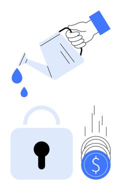 El damlacıkları döküyor, asma kilit güvenliği simgeliyor, madeni paralar mali büyüme ve yönetimi gösteriyor. İş büyümesi, mali güvenlik, yatırım, tasarruf, zenginlik yönetimi için ideal