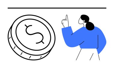 Mavili kadın, dolar işareti taşıyan büyük bir paranın yanında duruyor. Finansal eğitim, ekonomi, iş stratejisi, yatırımlar, tasarruf ipuçları, mali planlama, ekonomik