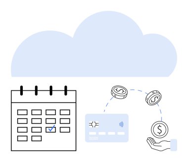 Üzerinde kontrol işareti, kredi kartı ve yüzen paralar olan bir takvim bulut altında yapılan ödeme işlemini gösteriyor. Finans, bankacılık, bütçe, fintech, çevrimiçi işlemler, ödeme hatırlatıcıları için ideal
