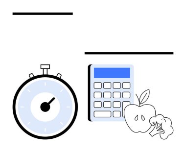 Stopwatch hesap makinesi elmalı brokoli zaman yönetimi finansal planlamasını ve sağlığı simgeliyor. Sağlık, beslenme, fitness, zaman verimliliği, bütçeleme, sağlıklı yaşam, üretkenlik için ideal
