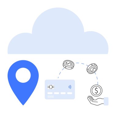 Bulut simgesi, yer belirleyici, kredi kartı, el ele tutuşan bozuk para ve yüzen paralar. Çevrimiçi bankacılık, e-ticaret, finans teknolojisi, mobil ödemeler dijital cüzdan hizmetleri ve güvenlik için ideal