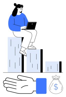 Barda dizüstü bilgisayarı, el hareketi ve para çantasıyla oturan bir kadın. Temalar için ideal maddi büyüme, iş başarısı, yatırım, üretkenlik, çevrimiçi çalışma, ilerleme ekonomik başarı