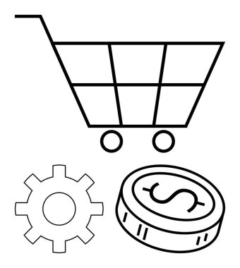 Alışveriş arabası, dolar parası ve ana hatlarıyla ticaret, finans ve iş operasyonlarını temsil eden teçhizat. Pazarlama, ekommerce, finans teknolojisi lojistik perakende stratejisi için idealdir. Çizgi