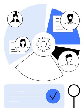 Merkezde dört döküman profili, arama simgesi, kontrol işareti ve bölümlü daire var. Takım çalışması, proje yönetimi, personel tahsisi, HR süreçleri, görev ataması iş akışı için ideal