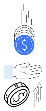 Bozuk paralar bir elin içine düşer, ek para ve yukarı bakan oklarla. Finans, yatırım, tasarruf, ekonomik büyüme, kazanç, refah yönetimi finansal planlama için ideal. Satır metaforu