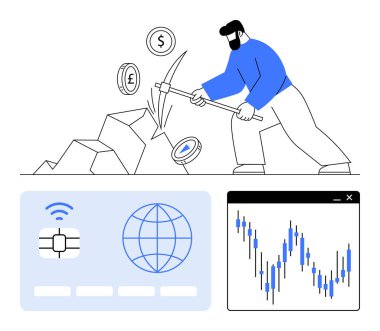 Bozuk paralarla çevrili kripto para biriminde çip ve grafiğin yanında küresel ikon bulunan bir ödeme kartı bulunur. Finans, teknoloji, yatırım, dijital için ideal