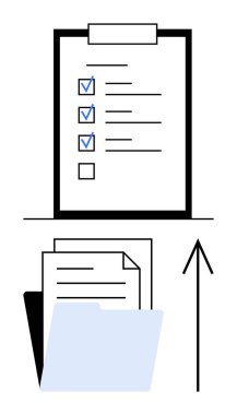 Dizin ve yukarı doğru ok içindeki belgelerin yanında kontrol işaretleri olan panodaki kontrol listesi. Proje yönetimi, organizasyon, görev tamamlama, verimlilik, belgeler, ilerleme takibi için ideal