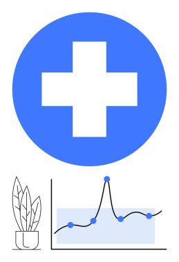 Mavi haç sembollü saksı ve grafik çizgisi sağlık, sağlık, sağlık, büyüme, veri analizi, sürdürülebilirlik, tıbbi ilerleme ve iyileşmeyi iletiyor. Sağlığa odaklı tasarımlar için ideal. Çizgi