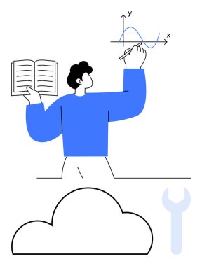 Mavi kazaklı bir adam açık bir kitapla grafiği analiz ediyor, bir bulut ve anahtarın yanında duruyor. Eğitim, veri analizi, bulut hesaplaması, matematik, araçlar, araştırma ve teknoloji temaları için ideal
