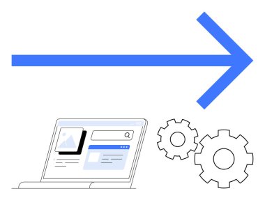 Mavi ok dizüstü bilgisayarın hemen üstünde arama sonuçlarını gösteriyor. Ayarları veya kişiselleştirmeyi temsil eden iki dişli simgesi. İş süreci için ideal, üretkenlik, teknoloji, SEO, ayarlar
