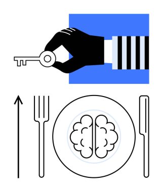 Tabakta çizgili kollu çatal bıçaklı bir beyin var. Yaratıcılık, ilham, bilgi, problem çözme, entellektüel büyüme, akıl sağlığı ve yenilik için ideal. Satır metaforu