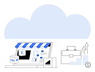 İnternette ürünleri sergilenen bir dükkan, yukarıda bulut sembolü, iş çantası. E-ticaret, bulut hesaplama, çevrimiçi iş büyümesi, dijital pazarlama, perakende teknolojisi, iş yönetimi için ideal