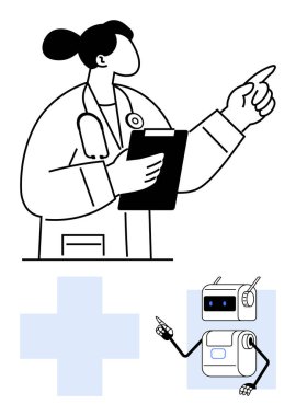 Tıbbi profesyonel tutuş panosu ve sinerjiyi gösteren robot. Sağlık, teknoloji, yenilik, tıptaki yapay zeka, sağlık hizmetlerinin geleceği, profesyonel iletişim, takım dinamikleri için ideal