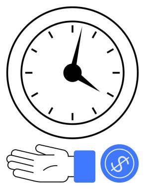 Siyah elleri ve işaretleri olan bir saat, uzanan bir el, mavi dolar sembolü. Zaman yönetimi, finansal planlama, verimlilik, verimlilik, dakiklik yatırım stratejisi için ideal. Çizgi