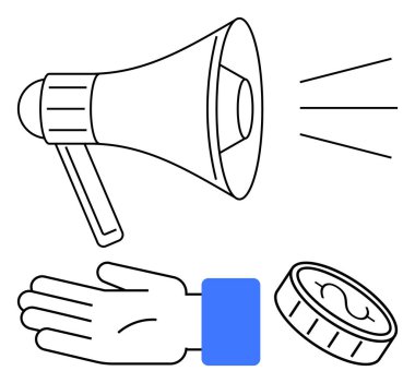 Ses hatları olan hoparlör, mavi bilekli el bozuk para alıyor. Bağış, iletişim, bağış, konuşma, duyuru, bağış ve destek için ideal. Satır metaforu