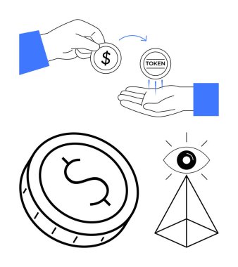 Jeton için dolar değişimi, piramidin tepesinde sembolik göz, büyük paralar. Fintech, kripto para birimi, engelleme zinciri, dijital finans, çevrimiçi işlemler, tokenomics modern bankacılık için ideal