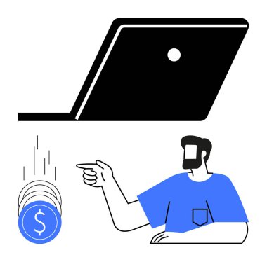 Üstündeki dizüstü bilgisayarla düşen madeni paraları işaret eden adam, finansal büyümeyi, çevrimiçi işlemleri ve dijital girişimciliği gösteriyor. Finansal planlama, e-ticaret, fintech, yatırım için ideal